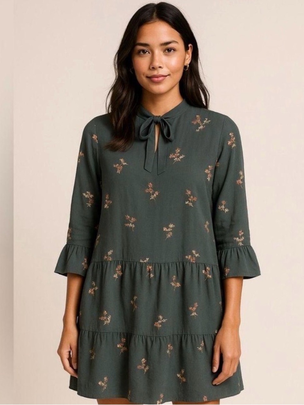 Madewell Silk Tie-Neck Mini Dress Wild Botanic Green Floral Boho